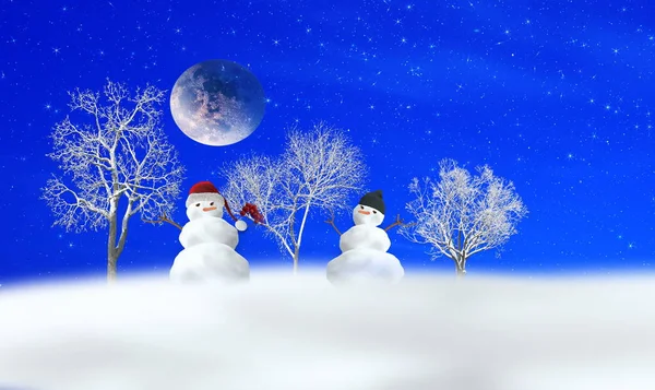 Noc Niebieski Gwiaździsty Niebo Duży Niebieski Księżyc Śnieg Śnieg Drzewa — Zdjęcie stockowe