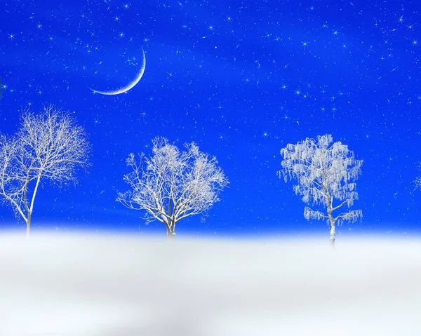 Noc Niebieski Gwiaździsty Niebo Duży Niebieski Księżyc Śnieg Śnieg Drzewa — Zdjęcie stockowe