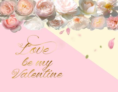 Sevgililer günü, kadınlar günü tebrik kartı güller beyaz pembe kırmızı ve taç yapraklar açık renkli metin sevgi dolu şablon fotokopi alanı arka planı 