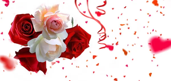 Dia Dos Namorados Rosas Buquê Fundo Festivo Com Elementos Ouro — Fotografia de Stock