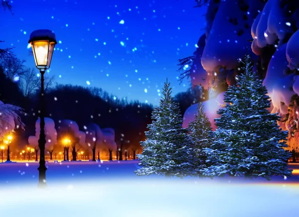 winter  in city park,street lantern light,wonderland ,night in forest wooden cabin pine tree covered by snow snowflakes  and moon on sky ,Christmas bakground
