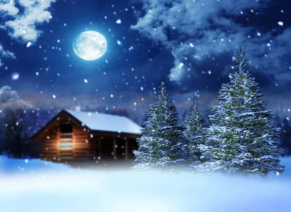 winter  wonderland ,night in forest wooden cabin pine tree covered by snow snowflakes  and moon on sky ,Christmas bakground