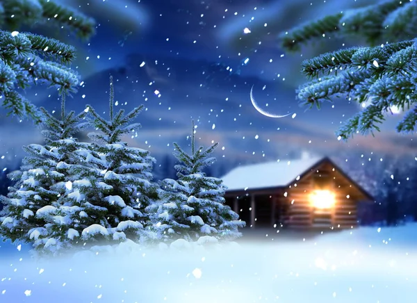 winter  wonderland ,night in forest wooden cabin pine tree covered by snow snowflakes  and moon on sky ,Christmas bakground