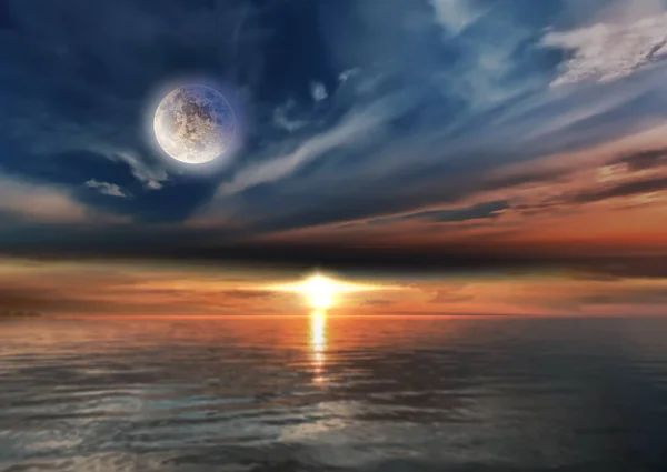 night sea at sunset cloudy  starry sky sun light and big moon reflection on water waves nature