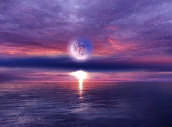 night sea at sunset cloudy  starry sky sun light and big moon reflection on water waves nature