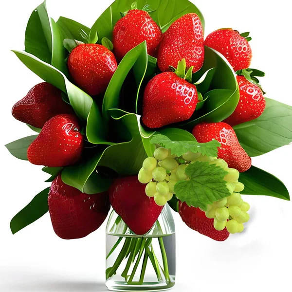 strawberry bouquet and tulip flowers   in glass vase fruit concept still life