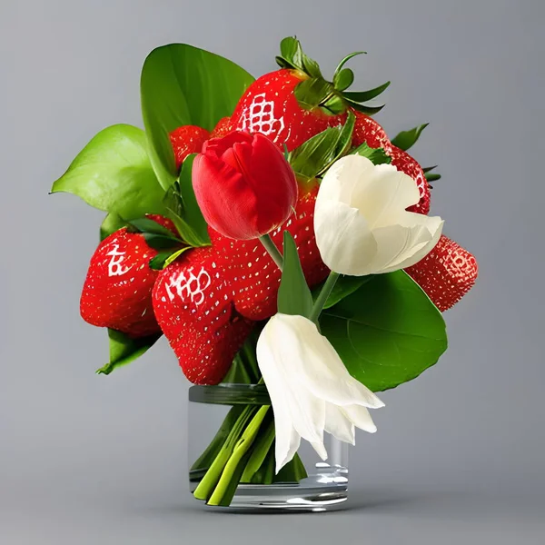 strawberry bouquet and tulip flowers   in glass vase fruit concept still life