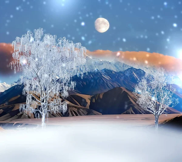evening in  mountains  sunset clouds and big moon on sky panoramic view of snow covered trees falling snowflakes nature landscape
