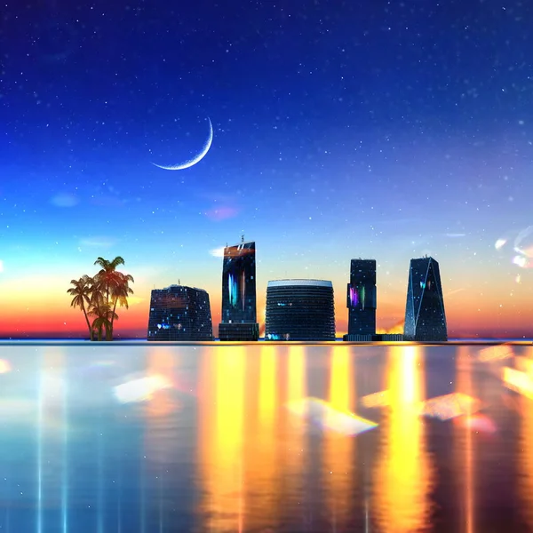 blue sea at  Night city modern buildings on horizon  blurred light on horizon at sea blue water wave  starry sky and moon