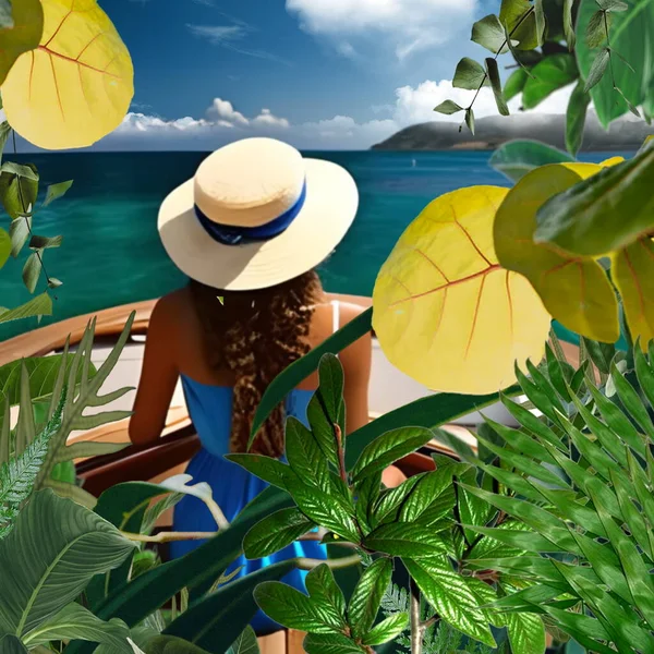 tropical plant and  flowers woman silhouette in straw hat  on beach in green sea  blue cloudy sky  ,summer nature landscape  holiday leisure travel background