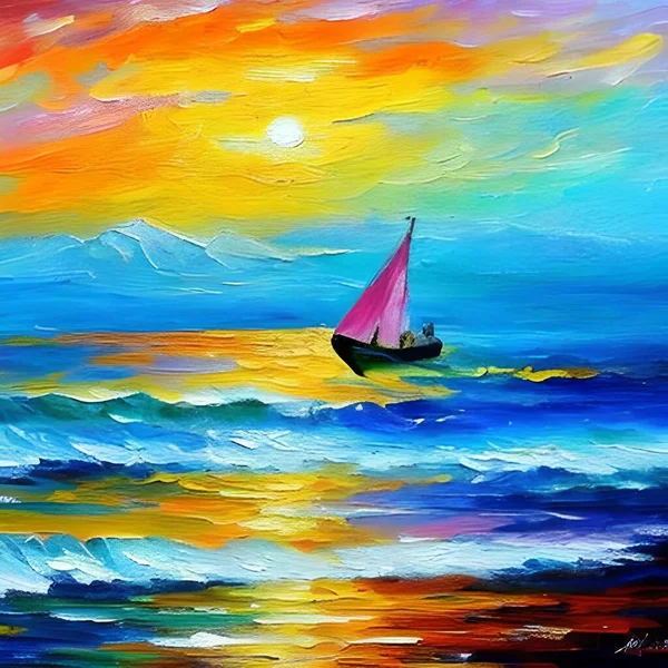 Sea And Sun ,Boat on horizon colorful impressionism art painting Monet Style   illustration