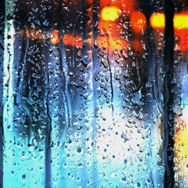 night city rain,rainy city night car traffic blurred light rain drops on window glass defocus background   illustration