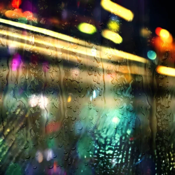 night city rain,rainy city night car traffic blurred light rain drops on window glass defocus background   illustration