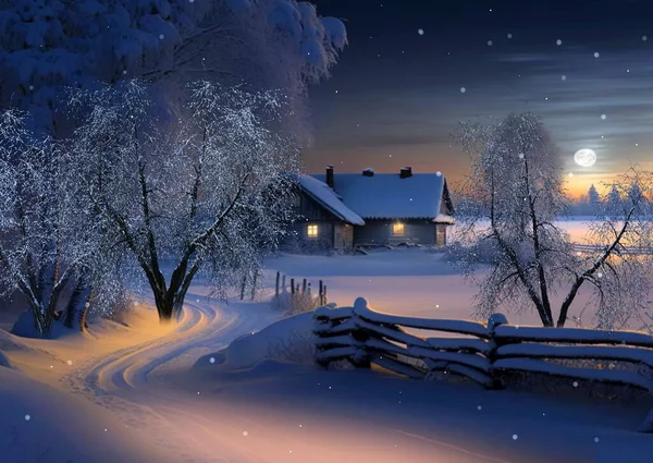 winter evening in countryside wooden cabin,snow fall trees covered by snow,nature landscape