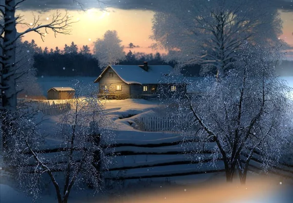 winter evening in countryside wooden cabin,snow fall trees covered by snow,nature landscape
