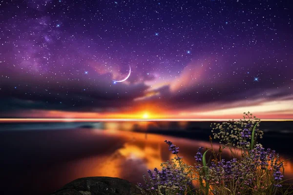 sunset at  night at sea starry sky and moon on dramatic clouds sea water wave and stones on horizon blurred city light