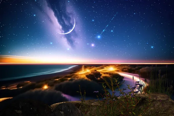 sunset at  night at sea starry sky and moon on dramatic clouds sea water wave and stones on horizon blurred city light