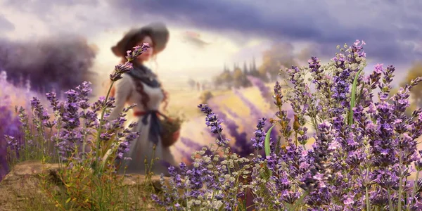 wild flowers  lavender  field on horizon romantic young people  walk , cloudy sky nature landscape  impressionism art  paint
