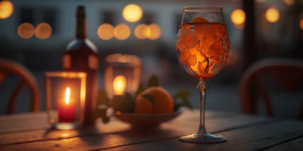 Sunset city evening street cafe glass of orange wine and candles on wooden table ,houses and blurred light