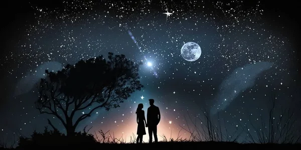 night starry sky and moon romantic couple looking at the sky