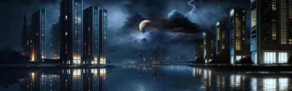 night city ,blue sea starry sky and moon   light lightrning on dramatic cloudy stormy sky  ,  modern buildings on horizon  blurred light on horizon at sea blue water wave