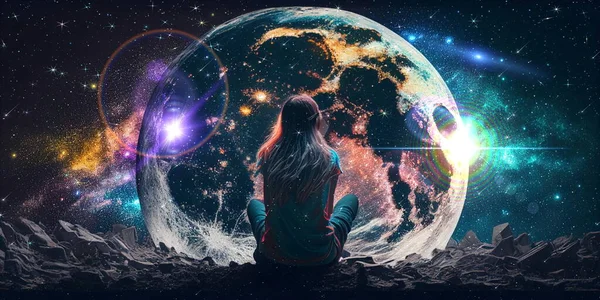 young woman sit on earth and watch big moon  on space night starry sky flares esoteric concept background