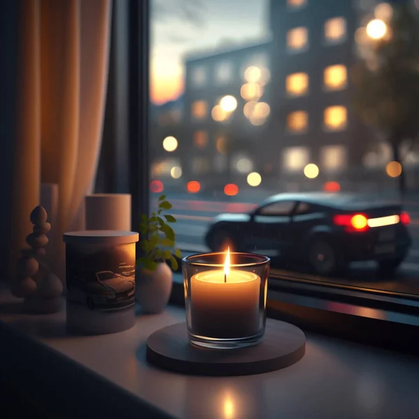 cozy evening  candle light on window top,view on evening street with car traffic blurred light
