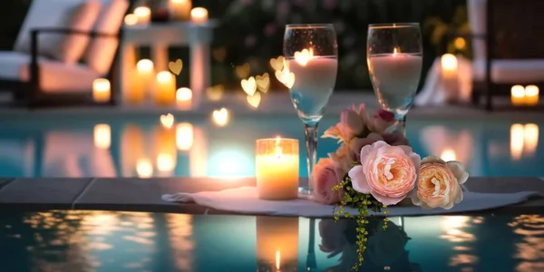 night Luxury  resort poool  glasses of wine and candles with tropic roses flowers spa relaxing background