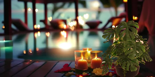 night Luxury  resort poool  glasses of wine and candles with tropic roses flowers spa relaxing background