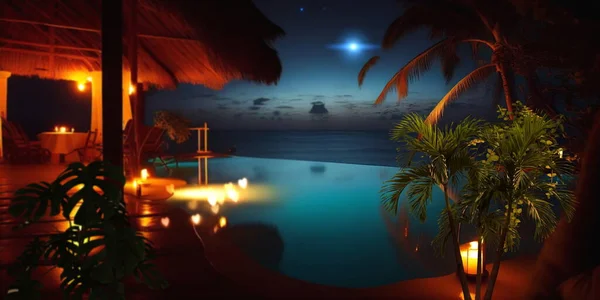 night resort tropical palm and straw bungalow green blue pool water candles on table and blurred candles light starry sky exotic holiday vacation travel backgrounds