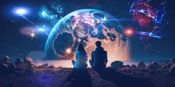 romantic couple sit on earth and watch big moon on space night starry sky flares esoteric universe cosmic futuristic starry milky way   background