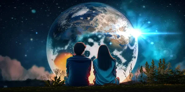 romantic young couple man and woman sit on rock at night sea watching starry sky and big moon on horizon mediterranean city blurred light reflection on water esoteric  surrealism