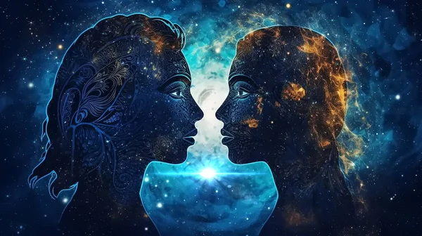 man and woman silhouette on front starry sky cosmic nebula universe esoteric  background concept