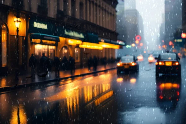 rainy evening city street blurred light and rain drops on glass rainy weather