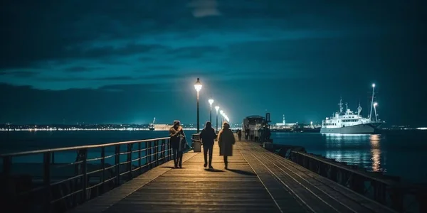port at Night in Tallinn , on the pier  walking people ,romantic couple, cruise ship with blurred  lights at sea water ,street lantern