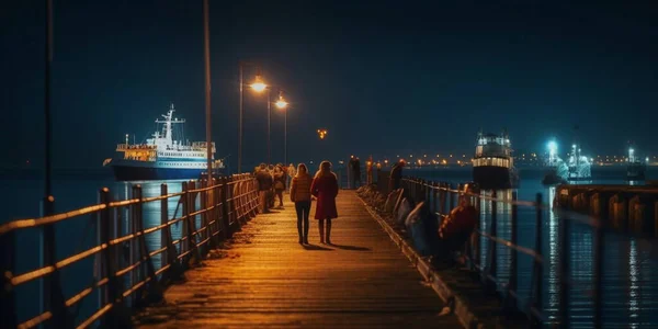 port at Night in Tallinn , on the pier  walking people ,romantic couple, cruise ship with blurred  lights at sea water ,street lantern