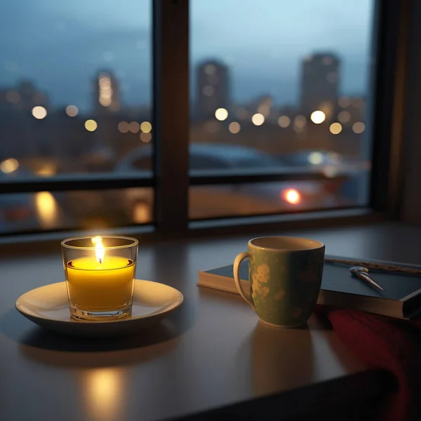 candle light and cup of tea on window top view on night city street car traffic blurred light