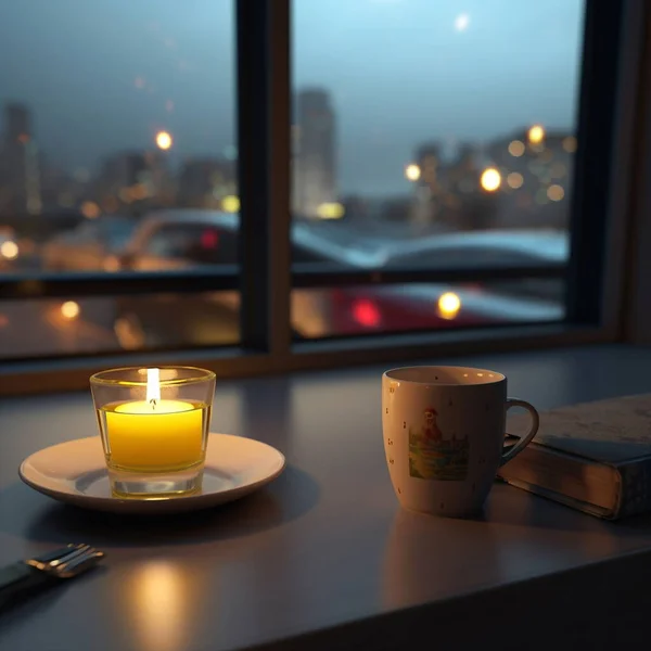 candle light and cup of tea on window top view on night city street car traffic blurred light