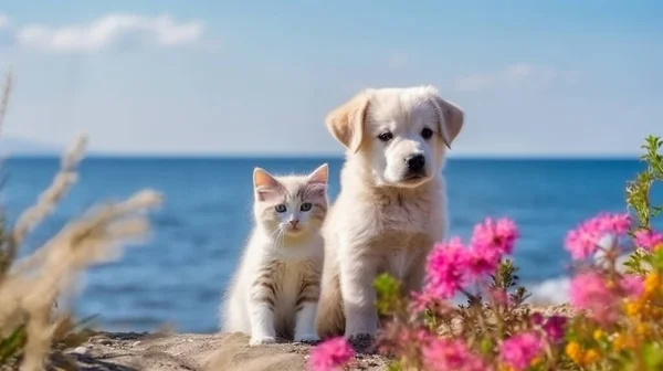 cat and  dog ,funny cute  puppy and kitten sit play on sea water, sea water splash with sun light reflection,wild beach with wild flowers