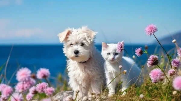 cat and  dog ,funny cute  puppy and kitten sit play on sea water, sea water splash with sun light reflection,wild beach with wild flowers