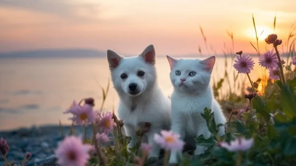 cat and dog,charming funny cute small fluffy puppy and british kitten with blue eyes sit play on sea water, sea water splash with sun light reflection,wild beach with wild flowers hip rose sun reflection on sea water water wave ,sunset summer