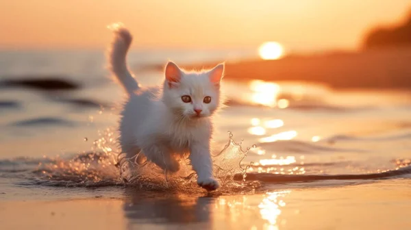 charning cat  ,funny cute small fluffy  kitten with blue eyes sit play on sea water, sea water splash with sun light reflection,wild beach with wild flowers hip rose sun reflection on sea water water wave ,sunset summer evening