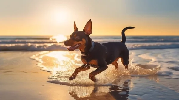 dog play in sea water on nature ,charming funny cute small puppy  sit play on sea water, sea water splash with sun light reflection,wild beach  ,sunset summer evening