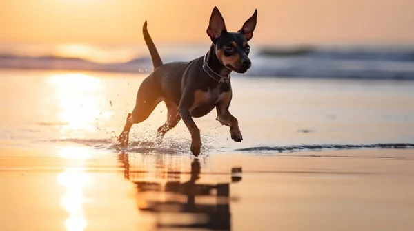 dog play in sea water on nature ,charming funny cute small puppy  sit play on sea water, sea water splash with sun light reflection,wild beach  ,sunset summer evening