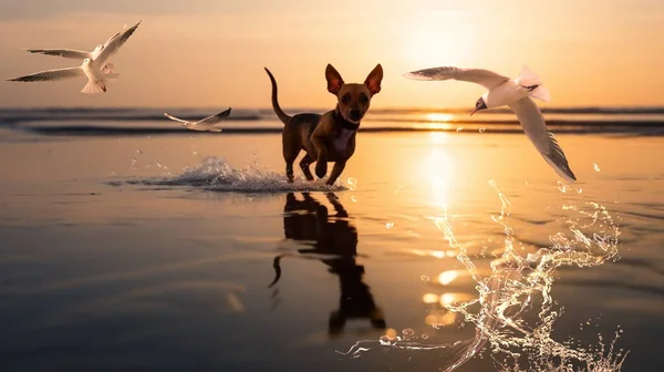 water splash seagull ,cat and dog onplay in sea water on beach at sunset