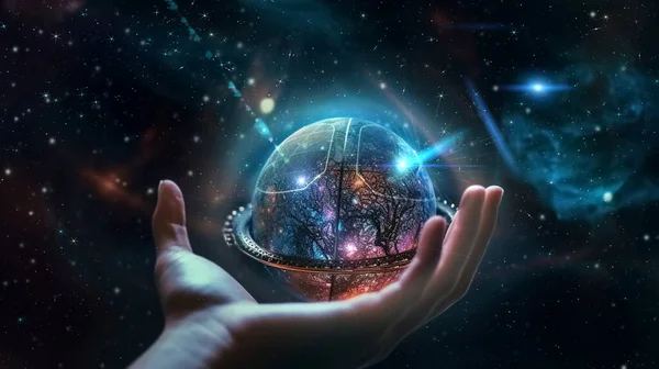 hand hold  earth globe  cosmic univerce starry flares planet  concept