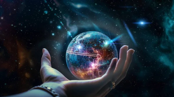 hand hold  earth globe  cosmic univerce starry flares planet  concept