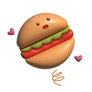 Illustration of cute burger cartoon character in 3D kawaii doodle style. Suitable for culinary mascot, advertising, etc.