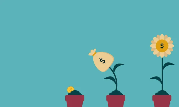 Yatırım Büyümesi Altın Sikkeler Bir Dolarlık Banknotlar Çömlekler Çiçeklerle Betimlenmiş — Stok Vektör