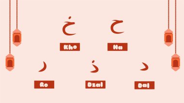 Hijaiyah as Arabic Alphabet Ha, Kho, Dal, Dzal, Ro with Arabic Lantern as a Background. Suitable for Pre School and Educational Content. clipart